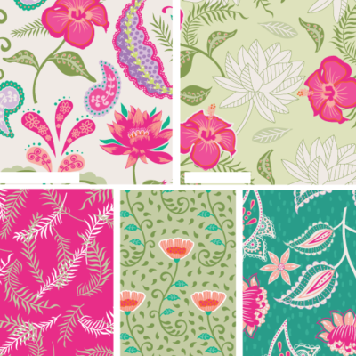 מקבץ צבעוני של חמישה בדים פרחוניים ועלים