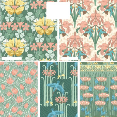 מקבץ של חמישה בדי כותנה בגודל של 45 על 55 ס"מ בגווני ירוק מנטה הדפס פרחוני