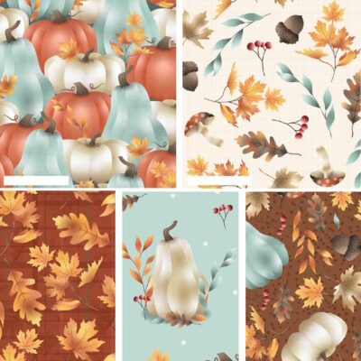 מקבץ של חמישה בדי כותנה בגודל 45 על 55 ס"מ הדפס דלעות בסתיו גווני חום וכתום