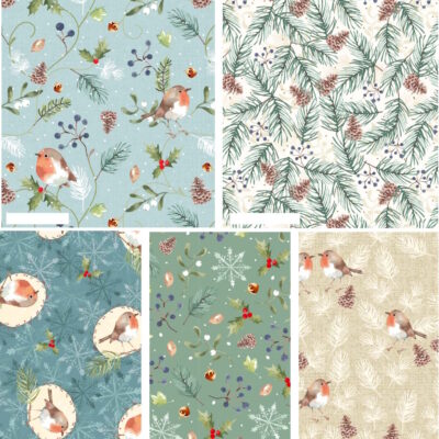 חבילה של חמישה בדי כותנה בגודל 45 על 55 ס"מ בגווני תכלת הדפס ציפורים ועלים