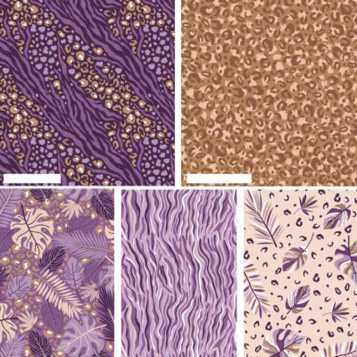 מקבץ של חמישה בדי כותנה בגווני סגול בגודל 45 על 55 ס"מ הדפס עלים וחברבורות נמר