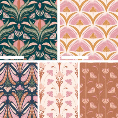 מקבץ של חמישה בדי כותנה בגודל 45 על 55 ס"מ הדפס פרחים בגווני ורוד וטורקיז