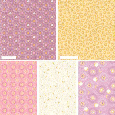 מקבץ של חמישה בדי כותנה בגודל 45 על 55 ס"מ הדפס שמשות וירחים בגווני רכים של סגול, ורוד וצהוב