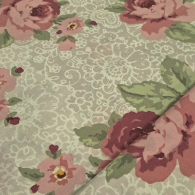 בד רחב 100% כותנה בצבע אפור הדפס פרחי שושנים בורוד