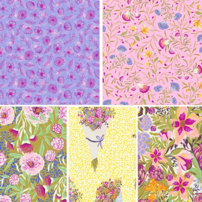 מקבץ של חמישה בדי כותנה בגודל 45 על 55 ס"מ הדפס פרחים סגולים רקע צבעוני