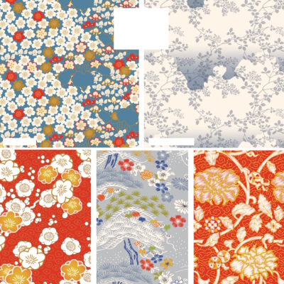 חבילה של חמישה FQ מבד כותנה אורגנית. הדפס פרחים יפניים מוזהבים בגווני כחול אדום ואפור