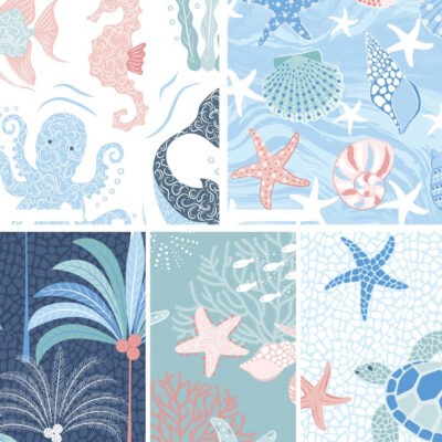 מקבץ של חמישה בדי כותנה בגודל 45 על 55 ס"מ בגווני תכלת ולבן הדפס חיות בים