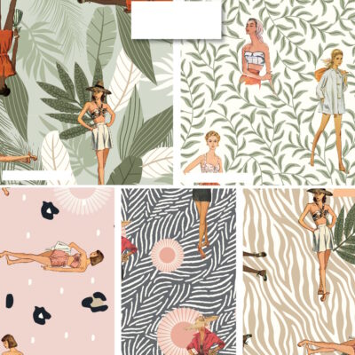 חבילה של 5 בדי כותנה בגודל FQ הדפס נשים בספארי בגווני ירוק