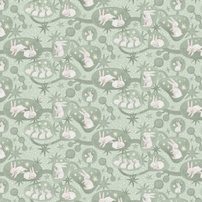 בד כותנה ירוק מרווה רוחב 1.10 מטר, הדפס ארנבות במאורה