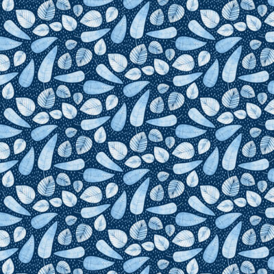 בד 100% כותנה רקע כחול כהה מנוקד, הדפס עלים בגווני תכלת