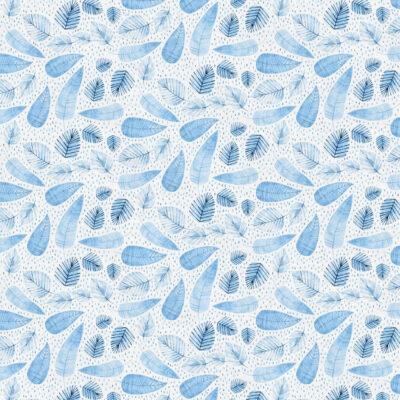 בד 100% כותנה בצבע לבן מנוקד, הדפס עלים בגווני תכלת