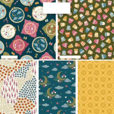 מקבץ של חמישה בדי כותנה בגודל 45 על 55 ס"מ FQ, הדפס ירח ושמש