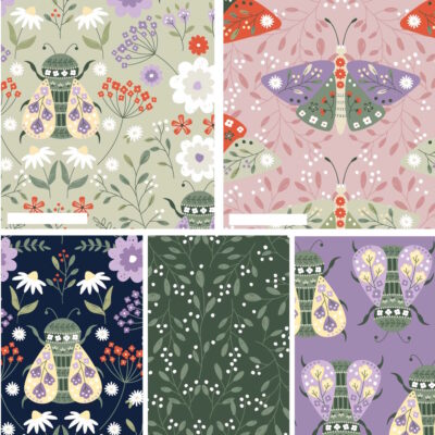 מקבץ של חמישה בדי כותנה בגודל 45 על 55 ס"מ FQ, הדפס פרפרים, בגווני סגול וירוק