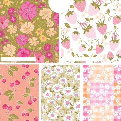 חבילה של חמישה בדי כותנה בגודל 45 על 55 ס"מ FQ, הדפס תותים ופרחים בגווני ירוק וורוד