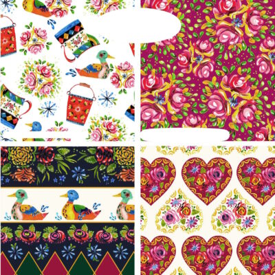 מקבץ של ארבעה בדי כותנה בגודל 45 על 55 ס"מ FQ, הדפס לבבות, פרחים וברווזים בגוונים של אדום.