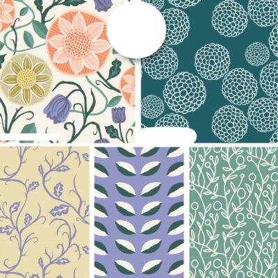 מקבץ של חמישה בדי כותנה בגודל 45 על 55 ס"מ FQ, הדפס פרחים ועלים, בגווני טורקיז וסגול