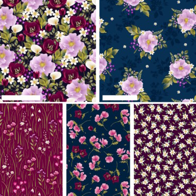 מקבץ של חמישה בדי כותנה בגודל 45 על 55 ס"מ FQ, הדפס פרחים בגווני כחול, סגול ובורדו
