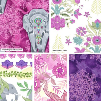 מקבץ של חמישה בדי כותנה בגודל 45 על 55 ס"מ FQ, הדפס פילים בורוד וסגול