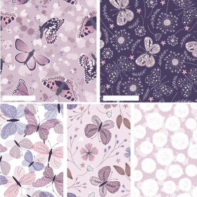 מקבץ של חמישה בדי כותנה בגודל 45 על 55 ס"מ FQ, הדפס פרפרים בגווני של סגול