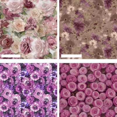 חבילה של ארבעה בדי כותנה בגודל 45 על 55 ס"מ FQ, הדפס פרחים סגולים