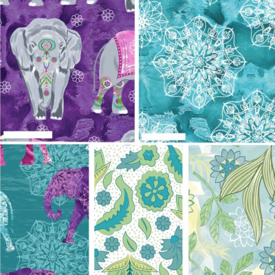 מקבץ של חמישה בדי כותנה בגודל 45 על 55 ס"מ FQ, הדפס פילים בגווני טורקיז וכחול