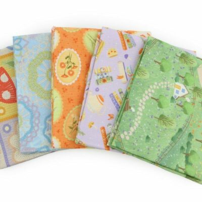 מקבץ של חמישה בדי כותנה בגודל 45 על 55 ס"מ FQ, הדפס וינטג' ילדותי של יער, פטריות, פרחים וספלי קפה