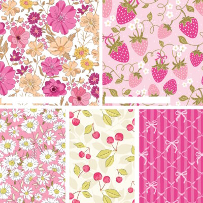 חבילה של חמישה בדי כותנה בגודל 45 על 55 ס"מ FQ, הדפס תותים ופרחים בגווני ורוד