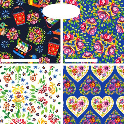 מקבץ של חמישה בדי כותנה בגודל 45 על 55 ס"מ FQ, הדפס לבבות ופרחים