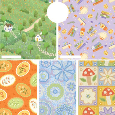 מקבץ של חמישה בדי כותנה בגודל 45 על 55 ס"מ FQ, הדפס וינטג' ילדותי של יער, פטריות, פרחים וספלי קפה