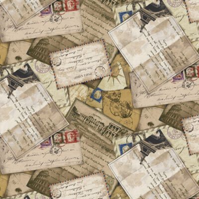 בד 100% כותנה רוחב 1.10 מטר בגווני חום הדפס מכתבים וגלויות