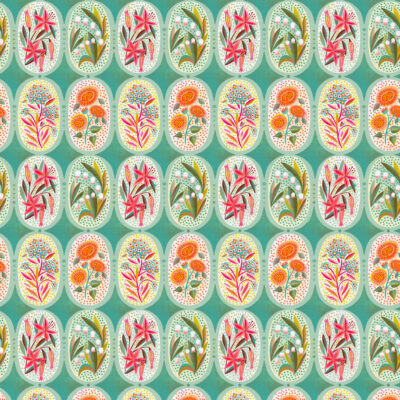 בד כותנה רוחב 1.10 הדפס פרחים ועלים צבעוניים במסגרות אובליות על רקע טורקיז