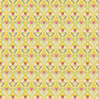 בד כותנה רוחב 1.10 הדפס פרחי טוליפ צבעוניים במסגרות מעוינים בצהוב