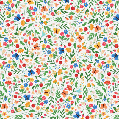 בד 100% כותנה הדפס צבעוני של פרחים פרפרים ותפוחים על רקע לבן