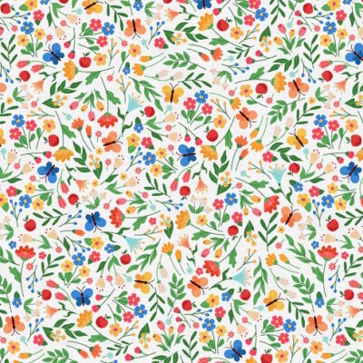 בד 100% כותנה הדפס צבעוני של פרחים פרפרים ותפוחים על רקע לבן