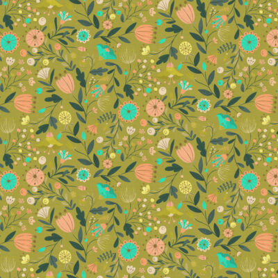 בד 100% כותנה רקע ירוק זית הדפס עלים ופרחים בורוד וטורקיז