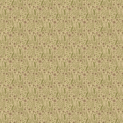 בד 100% כותנה בגווני ירוק הדפס עדין של פרחים ורודים וגבעולים