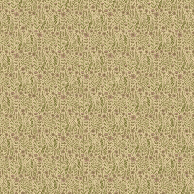 בד 100% כותנה בגווני ירוק הדפס עדין של פרחים ורודים וגבעולים