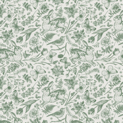 בד 100% כותנה הדפס ירוק של ארנבים, פרפרים, ציפורים ופרחים על רקע לבן