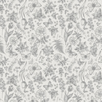 בד 100% כותנה הדפס אפור פרפרים ופרחים על לבן