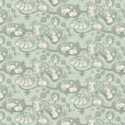 בד כותנה ירוק מרווה רוחב 1.10 מטר, הדפס ארנבות במאורה