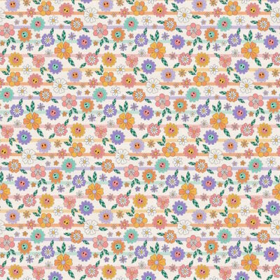 בד כותנה 100% הדפס צבעוני של פרחים וינטג' ילדותי רקע לבן