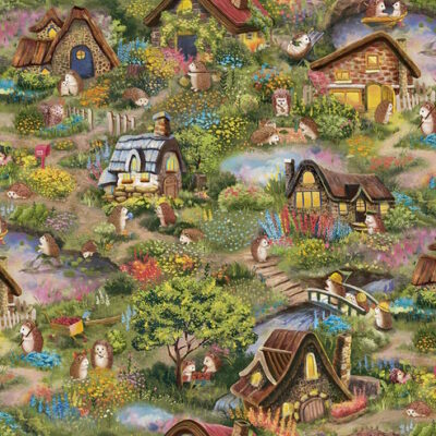 בד 100% כותנה צבעוני רוחב 1.10 מטר הדפס קיפודים עצים ובתים