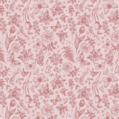 בד 100% כותנה בגווני ורוד הדפס רישום של פרחים ופרפרים