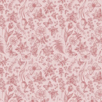 בד 100% כותנה בגווני ורוד הדפס רישום של פרחים ופרפרים