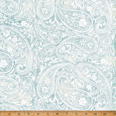 אריג באטיק 100% כותנה בצבע תכלת אפור בהיר, בדוגמת פייזלי גדולים